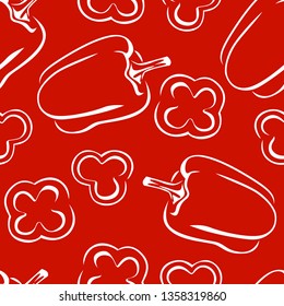 Paprika vegetabl seseamless pattern on red background. Simple monochrome vector illustration of Bell pepper.