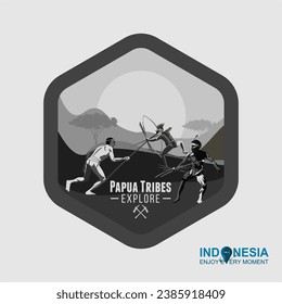 Papua Badge with black and white illustration of Papuan tribe.