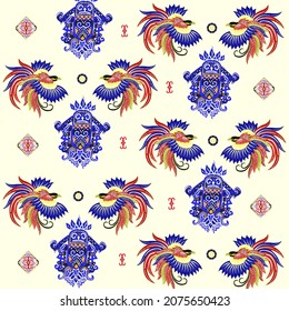 Papua batik with colorful bird of paradise pattern and blue native papua shield.