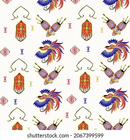 Papua colorful batik motif with bird of paradise pattern and native papua shield pattern.
