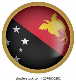 Papua New Guinea 3D rounded Flag Button Icon with Gold Frame