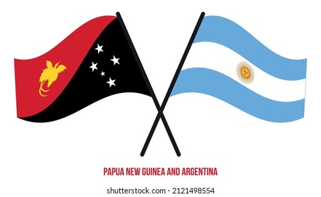 Papua New Guinea and Argentina Flags Crossed  Waving Flat Style. Official Proportion. Correct Colors.