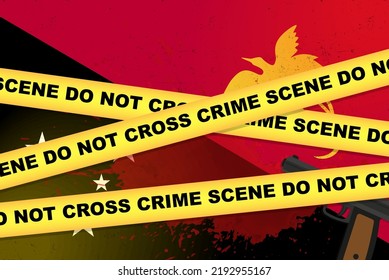 Pancarta vectorial de ataque armado de Papúa Nueva Guinea, concepto de tiroteo, asalto armado con arma y mancha de sangre en la bandera de Papúa Nueva Guinea, cinta amarilla de la policía, composición de escena del crimen, vista superior, diseño plano