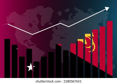 Papua New Guinea bar chart graph with ups and downs, increasing values, Papua New Guinea country flag on bar graph, upward rising arrow on data, news banner idea, developing country concept