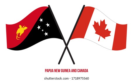 Papua New Guinea and Canada Flags Crossed & Waving Flat Style. Official Proportion. Correct Colors.