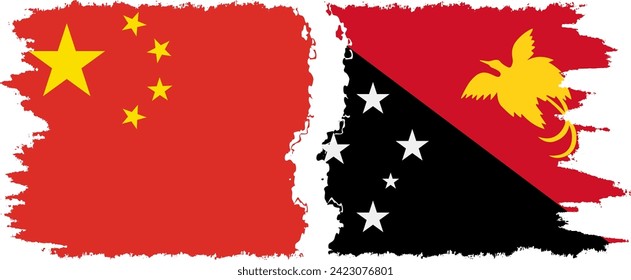 Papua New Guinea and China grunge flags connection, vector