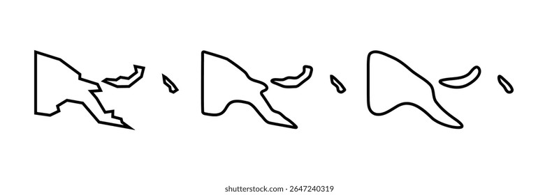 Papua New Guinea country black outline silhouettes in three different levels of smoothness. Simplified maps. Vector icons isolated on white background.