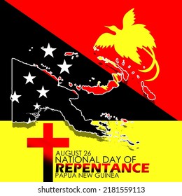 Papua New Guinea Country Map And Flag With A Cross And Bold Text On Yellow Background To Commemorate National Day Of Repentance August 26 In Papua New Guinea