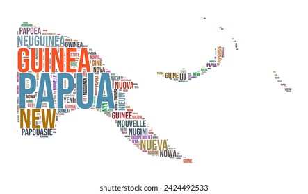 Papua New Guinea country shape word cloud. Typography style country illustration. Papua New Guinea image in text cloud style. Vector illustration.