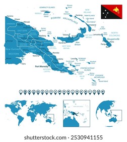 Papua New Guinea - detailed blue country map with cities, regions, location on world map and globe. Infographic icons. Vector illustration