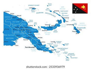 Papua-Nova Guiné - mapa detalhado e azul do país com as cidades, regiões. Ilustração vetorial