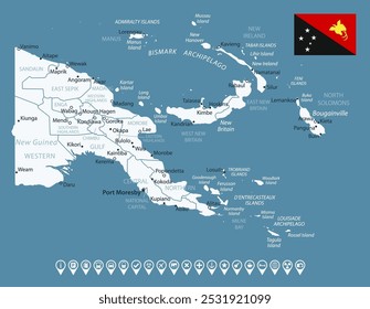 Papua New Guinea - detailed country map with cities and regions. Infographic icons. Vector illustration.