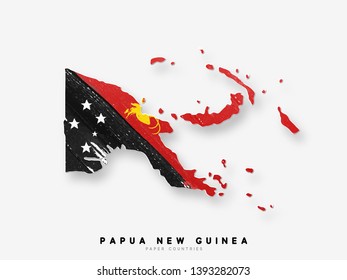 Papua New Guinea detailed map with flag of country. Painted in watercolor paint colors in the national flag.