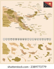 Papua New Guinea - detailed map of the country in brown colors, divided into regions. Vector illustration