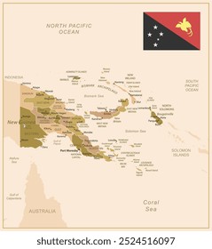 Papua New Guinea - detailed map of the country in brown colors, divided into regions. Vector illustration