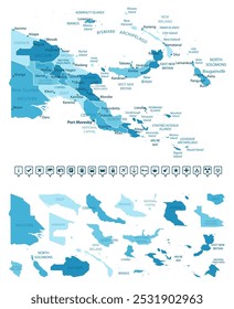 Papua New Guinea - detailed map of the country in blue colors, divided into regions. Infographic icons. Vector illustration.