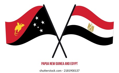 Papua New Guinea and Egypt Flags Crossed  Waving Flat Style. Official Proportion. Correct Colors.