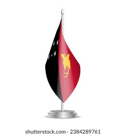 Papua New Guinea flag - 3D mini flag hanging on desktop flagpole. Usable for summit or conference presentaiton. Vector illustration with shading.