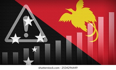 Papua New Guinea flag with burlap texture, warning sign, and rising bar chart symbolizing increasing risk or growth challenges in the country. Ideal for data presentations.