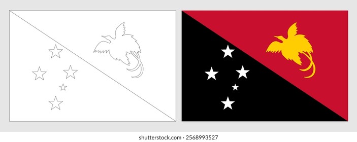 Papua New Guinea flag - coloring page. Set of white wireframe thin black outline flag and original colored flag.