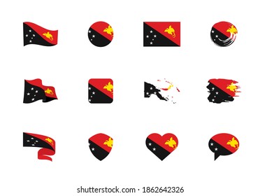 Papua New Guinea flag - flat collection. Flags of different shaped twelve flat icons. Vector illustration set svg