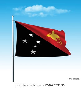 Papua New Guinea flag flying on blue sky, vector illustation.