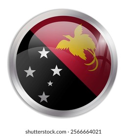 Papua New Guinea flag - glossy circle button displays a colorful flag representing a country cultural identity and heritage. The essence of national pride and unity.