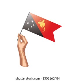 Papua New Guinea flag and hand on white background. Vector illustration