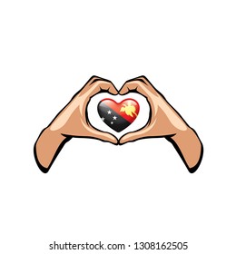 Papua New Guinea flag and hand on white background. Vector illustration