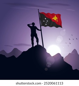 Papua New Guinea Flag hoisted on a mountain peak with a purplish sunset in the background, vector illustration