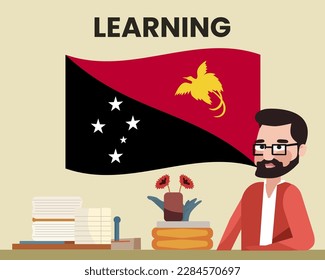 Papua New Guinea flag with a male teacher, learning or teaching Papua New Guinea language, bearded man with glasses and country flag vector design, language school concept