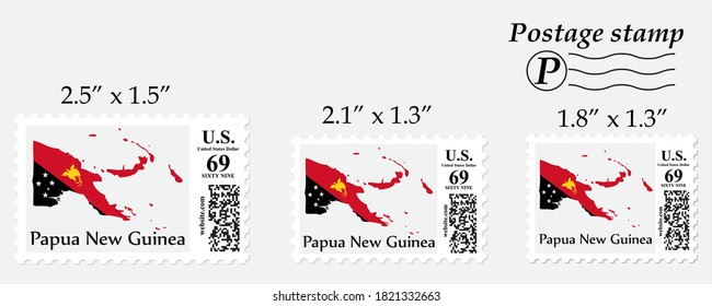 Papua New Guinea flag map on postage stamp different size.