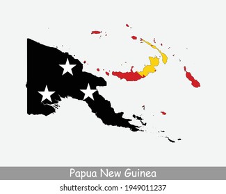 Papua New Guinea Flag Map. Map of the Independent State of Papua New Guinea with the Papua New Guinean national flag isolated on a white background. Vector Illustration.