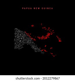Mapa de la bandera de Papúa Nueva Guinea, patrón de partículas caóticas en los colores de la bandera PNG. Ilustración vectorial aislada en el fondo negro.
