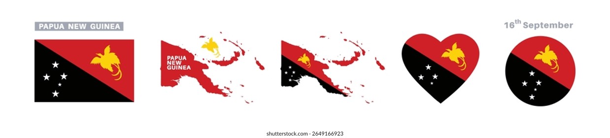 papua new guinea flag and map set. papua new guineaflag in official colors and proportions. independence day 16 september , map, circle and heart shaped papua new guinea