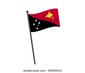 Papua New Guinea flag. The national flag of Papua New Guinea on a pole. The waving flag. The sign and symbol of the country. Realistic vector on white.