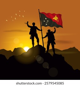 Papua New Guinea flag, silhouette of two climbers holding flags at sunset