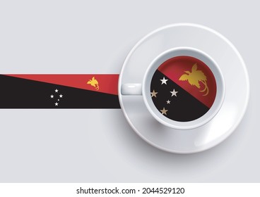 Papua New Guinea flag with a tasty coffee cup on top view and a gradient background. Hot beverage with Papua New Guinea flag, vector illustration. 
