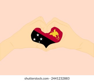 Papua New Guinea flag with two hands heart shape, express love or affection concept, support or donate to Papua New Guinea, hand heart love sign, vector design, patriotism and nationalism idea