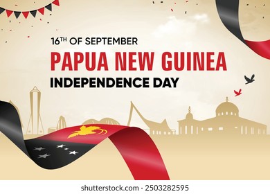 Papua-Neuguinea-Flagge auf Skyline-Hintergrund. Independence Day Concept Design Vektorgrafik.