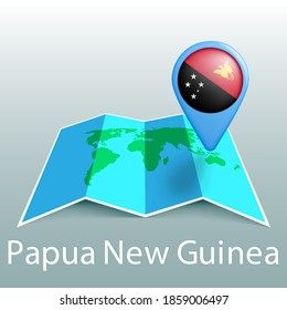 Papua New Guinea flag world map in pin with name of country