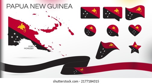 Papua New Guinea flags set. Various designs. Map and capital city. World flags. Vector set. Circle icon. Template for independence day. Collection of national symbols. Ribbon flag. Oceania