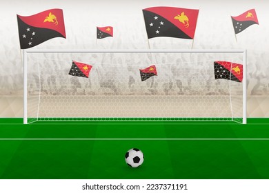 Papua New Guinea football team fans with flags of Papua New Guinea cheering on stadium, penalty kick concept in a soccer match. Sports vector illustration.