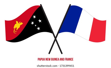 Papua New Guinea and France Flags Crossed & Waving Flat Style. Official Proportion. Correct Colors.