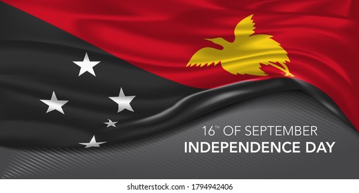 Papúa Nueva Guinea tarjeta de felicitación por el día de la independencia, cartel con ilustraciones del vector de texto de plantilla. Fiesta conmemorativa 16 de septiembre elemento de diseño con bandera 3D con estrellas y pájaro