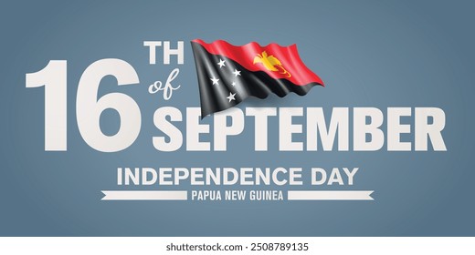 Papua New Guinea happy independence day greeting card, banner with template text vector illustration. Papuan memorial holiday 16th of September design element with 3D flag with bird