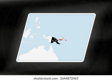 Papua New Guinea Highlighted in Flag Colors on Geographic Map. Modern Map on a dark abstract backdrop.