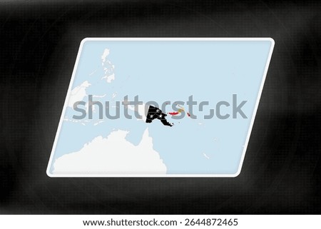 Papua New Guinea Highlighted in Flag Colors on Geographic Map. Modern Map on a dark abstract backdrop.