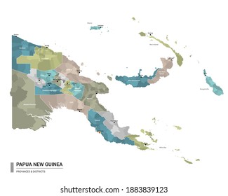 Papua New Guinea higt detailed map with subdivisions. Administrative map of Papua New Guinea with districts and cities name, colored by states and administrative districts. Vector illustration. svg