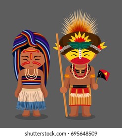 Papua New Guinea. Huli tribe. People in national dress with a flag. Man and woman in traditional costume. Travel. Vector flat illustration.